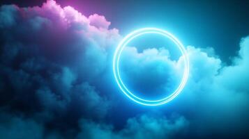 Glowing neon circle in vibrant cloudscape. photo