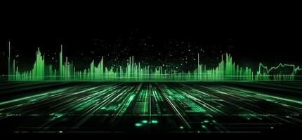 Futuristic green digital data stream with glowing lines and particles. photo
