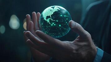 Man's hands cradling a glowing digital globe representing global network connections. photo