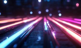 Glowing neon lines converging in dark space. photo