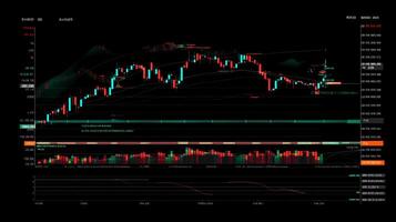 Stock market data chart displaying candlestick, volume, and indicator analysis. photo
