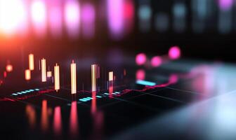 Abstract financial data visualization with candlestick charts and glowing lines on a dark background. photo