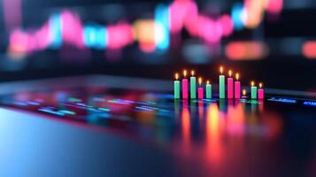 Candlestick chart on digital tablet with glowing graphs. photo