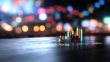 Candlestick chart on dark surface with city bokeh background. photo