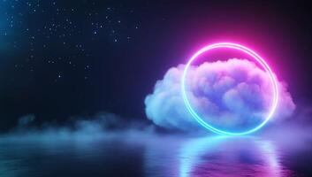 Glowing neon circle ring encircling cloud, dark background. photo