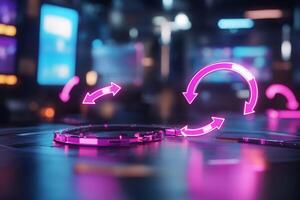 Futuristic neon arrows circling metallic object, signifying technological process, innovation, and data transfer. photo