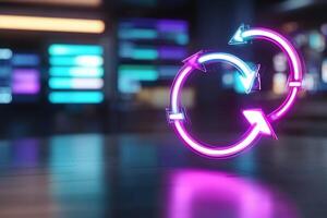 Neon circular arrows signifying renewal, refresh, or recycle. photo