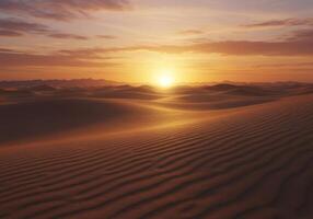 Desert Sunset Landscape With Distant City Silhouette Using Warm Colors During Twilight Hour and Having Scenic View With Calm Atmosphere And Texture and Patterns And Vibrant Colors And Image Of Nature photo