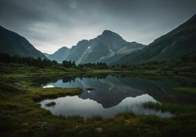 Serene Mountain Lake Reflection Under A Cloudy Sky With Trees and Hillsides Landscape Photography Image Of The Scene Outdoor Summer Daytime Calm And Peaceful Scenery Natural Wonder View On The Nature photo