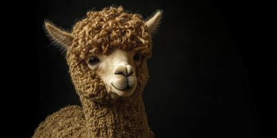 A cute brown and white llama with a fluffy mane. The llama is looking at the camera with a smile photo