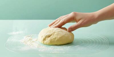 Photo of a hand preparing dough on an oven mat, ready for baking on a light green background with white lines. The hand shapes the dough into a ball and covers it in flour.