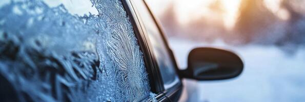 a frozen car window with intricate ice patterns on cold weather photo