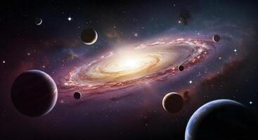 Majestic Spiral Galaxy Surrounded by Planets in Deep Space A Cosmic Tapestry of Stars and Celestial Bodies photo