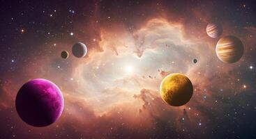 Cosmic Nebula and Planets A Breathtaking Celestial Scene with Vibrant Colors and Glowing Gas Clouds photo