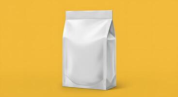Blank White Stand Up Pouch Packaging Mockup on Yellow Background, Perfect for Branding and Product Design Presentation photo