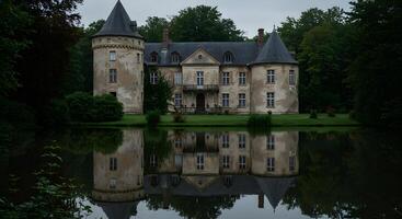 Serene Reflection A Majestic Chateau Mirrored in a Tranquil Pond photo