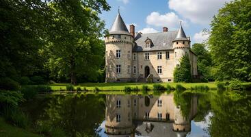 Serene Reflection of a Majestic Castle on a Calm Pond A Picturesque Estate in Lush Greenery photo
