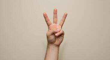 A Close Up Image of a Hand Showing the Number Three Against a Beige Background Simple Gesture Photography photo