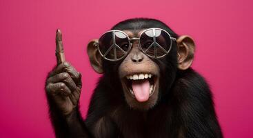 Groovy Chimpanzee in Peace Sunglasses Pointing Up A Fun, Quirky Image of a Happy Primate photo