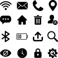 16 Black Minimalist UI Icons, Call, Message, Email, WiFi, Battery, Location, Search, Download, Upload, Settings, Lock, Home, Trash, Eye, Clock, Bluetooth vector