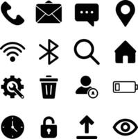 Essential 16 Black Icons for UI UX, Phone, Chat, Mail, WiFi, GPS, Cloud Upload, Battery, Settings, Visibility, Delete, Security vector