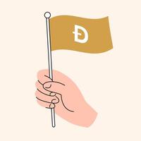 Hand Holding Golden Doge Flag Representing Memem Cryptocurrency and Blockchain Support, DOGE Token Symbol vector