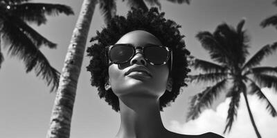 an woman in short curly hair with sunglasses, standing in front of palm trees in monochrome color photo