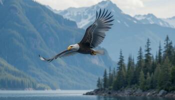 A bald eagle flying over a lake and mountains photo