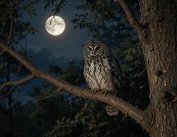 An owl is perched on a branch in front of a full moon photo