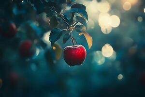 Red apple on tree with bokeh photo