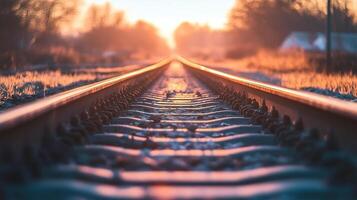 A railroad track with the sun setting in the background photo