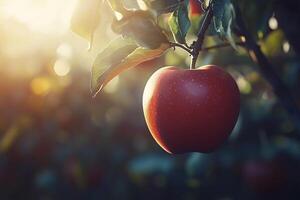 An apple is hanging from a tree in the sun photo