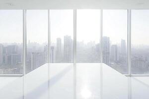 Empty white room with cityscape view photo