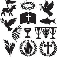 a set of religious symbols including a cross, dove, olive branch, olive branch, dove, vector