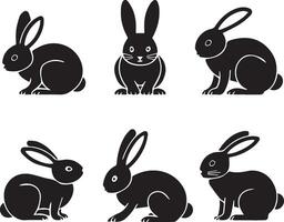 set of black rabbits on white background vector