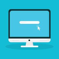 Flat computer icon on blue background. Computer with blank empty display screen for copy space on workplace vector