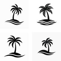 Four simple black silhouette palm trees on islands. vector