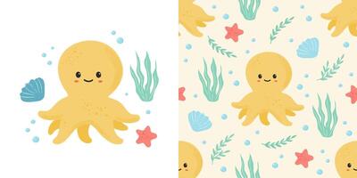 Funny octopus and seaweeds seamless pattern vector