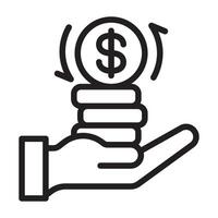Minimalist outline icon of a hand holding stacked coins with a dollar sign symbolizing investment, financial growth, and money management. Perfect for finance and business concepts. vector