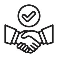 Minimalist outline icon of a handshake with a checkmark symbolizing agreement partnership deal approval teamwork trust and business cooperation Perfect for corporate and financial concepts vector