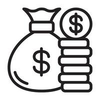 Minimalist outline icon of a money bag with a dollar sign and stacked coins Symbolizing wealth savings investment finance and financial growth Perfect for business and economic concepts vector