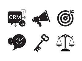 CRM logo, megaphone, target with arrow, pie chart, key, scales of justice, minimalist design, Black and white icons, business symbols, vector