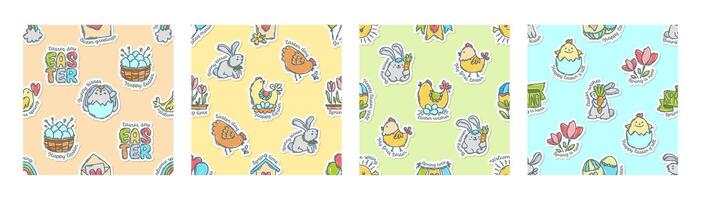Easter colorful doodle icons stickers with quotes seamless patterns set, hand-drawn spring hunt theme background, cute symbols, elements and lettering collection. vector