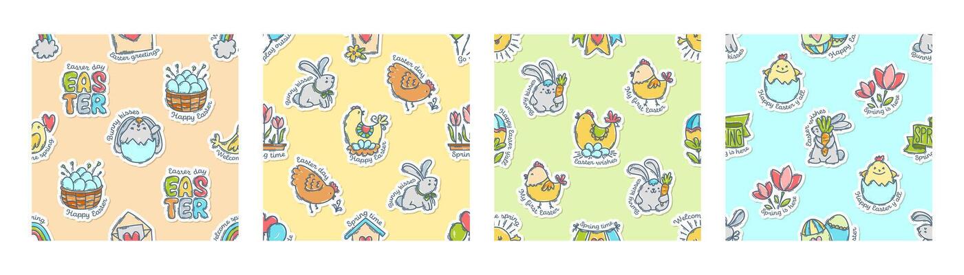 Easter colorful doodle icons stickers with quotes seamless patterns set, hand-drawn spring hunt theme background, cute symbols, elements and lettering collection.