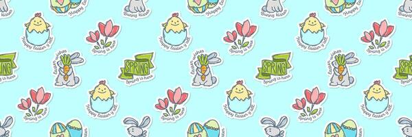 Easter colorful doodle icons stickers with quotes seamless pattern, hand-drawn spring hunt theme background, cute symbols, elements and lettering vector