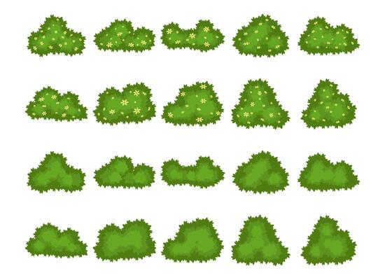 Green Bush With Flower Illustration On White Background Set