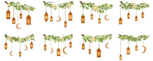 Islamic Lantern Border With Leaf Decoration On White Background Set vector