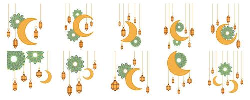 Islamic Lantern With Moon Border Decoration On White Background Set vector