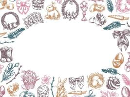 Easter oval frame with rabbit, eggs, floral elements, hand drawn colorful sketch vector