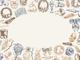 Easter oval frame with rabbit, eggs, spring decorations, hand drawn vintage sketch vector